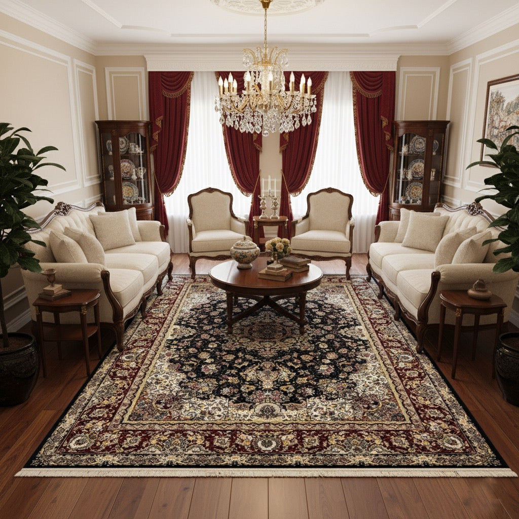 Abeer Black & Maroon Iranian Imported Silk Blend Rug 1500 Reeds