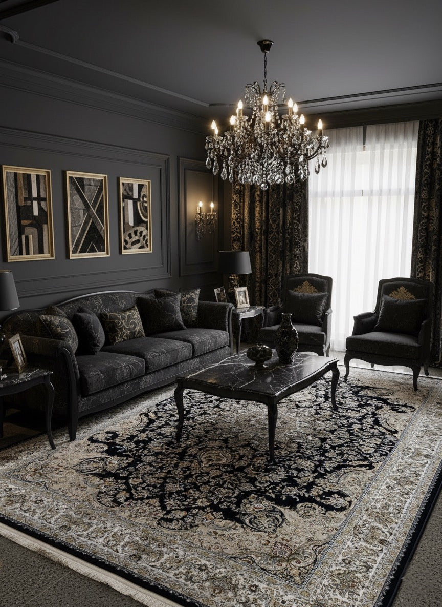 Shehnaz  Iranian Imported  Navy Blue  Silk Blend Rug 1500 Reeds