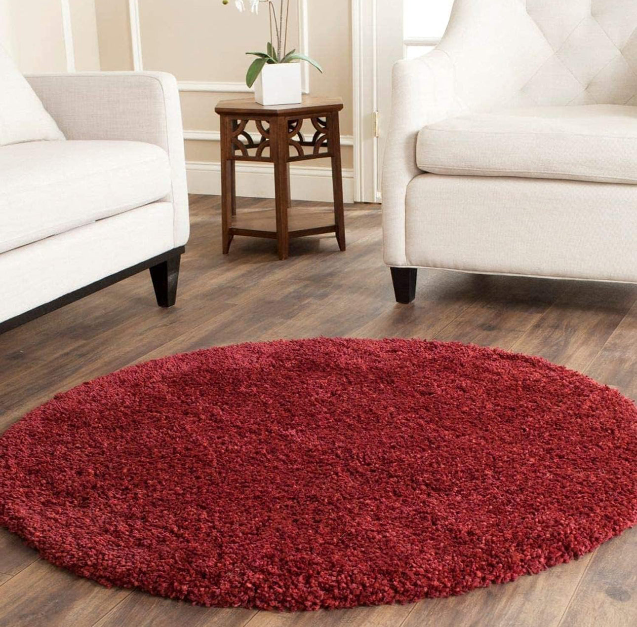Maroon Handcrafted Round Solid Microfiber Plush Anti Skid Shaggy Carpet