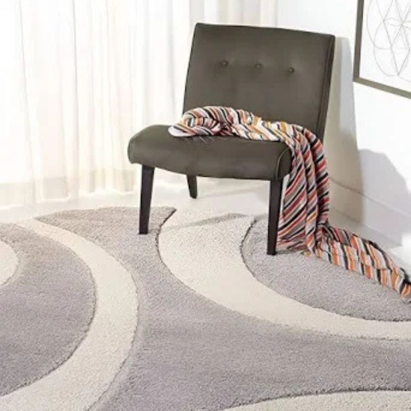 Beige and White Handwoven Super Soft Microfiber Geometric High Density Anti Skid Shaggy Carpet