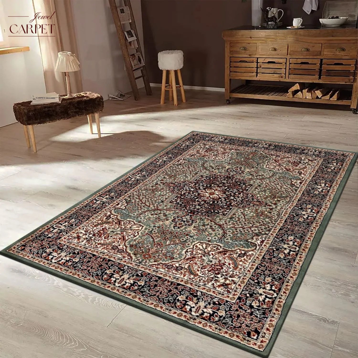 Green Persian Wool Traditional Heavy Anti Skid Carpet