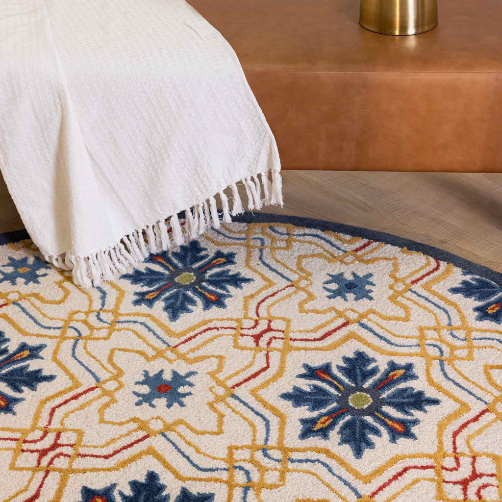 Amask Off White & Blue Contemporary Hand Tufted Woollen Round Rug