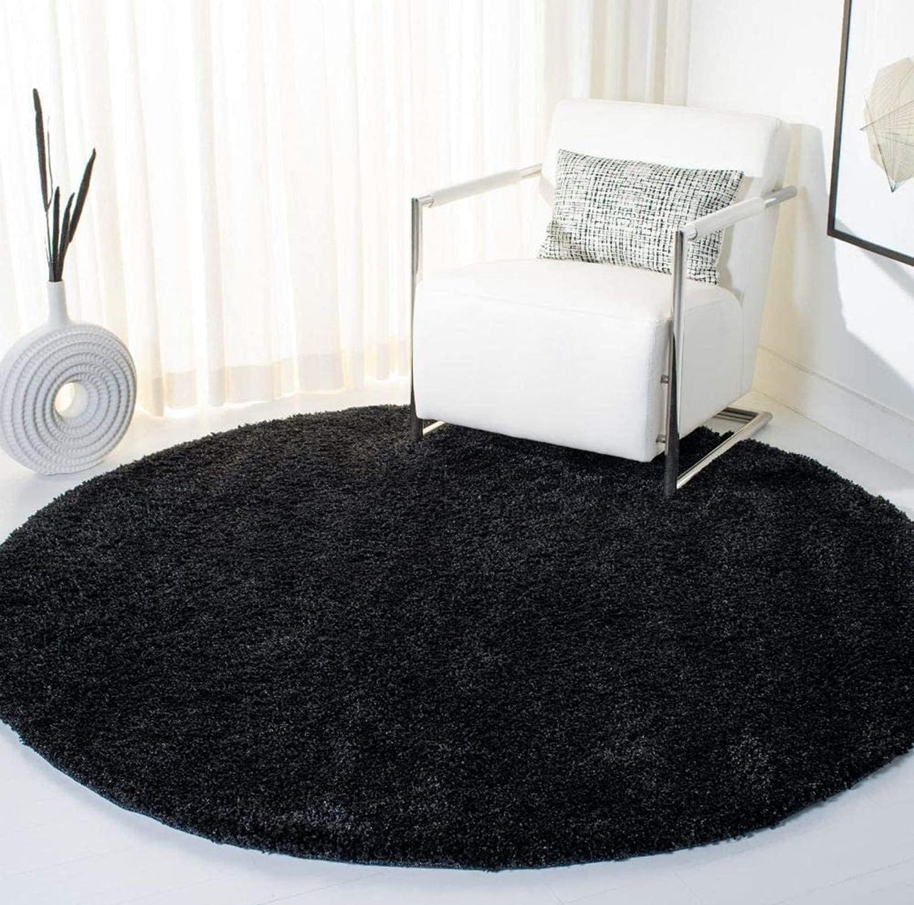 Black Handcrafted Round Solid Microfiber Plush Anti Skid Shaggy Carpet