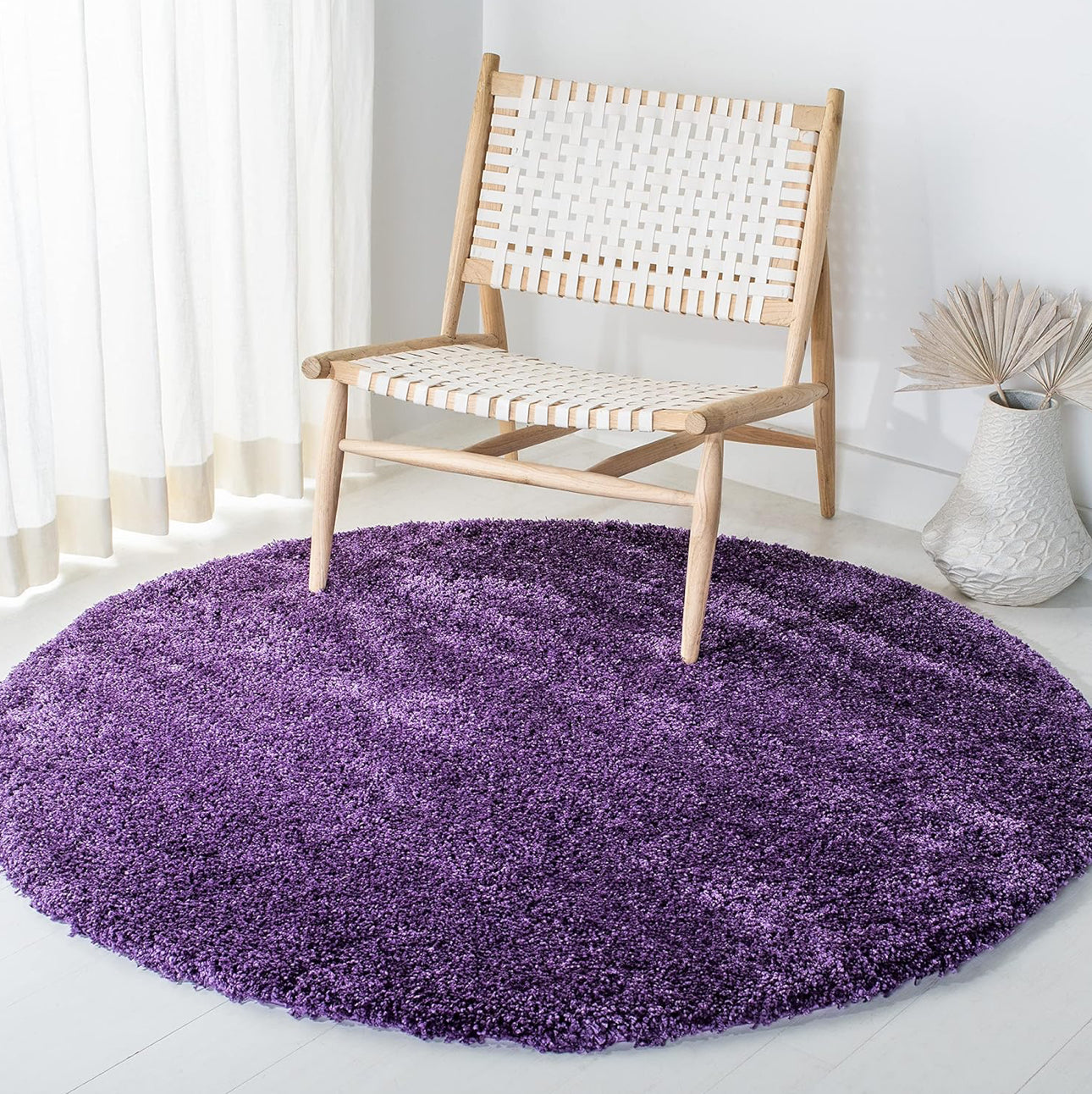 Purple Handcrafted Round Solid Microfiber Plush Anti Skid Shaggy Carpet