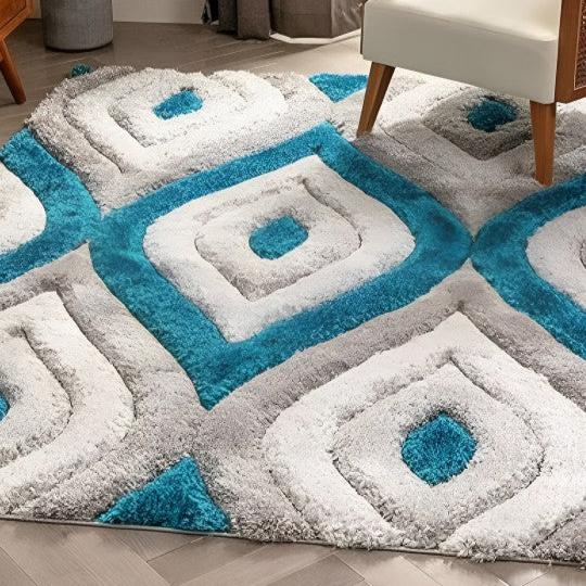 Grey & White Handwoven Microfiber Geometric Super Soft Shaggy Carpet