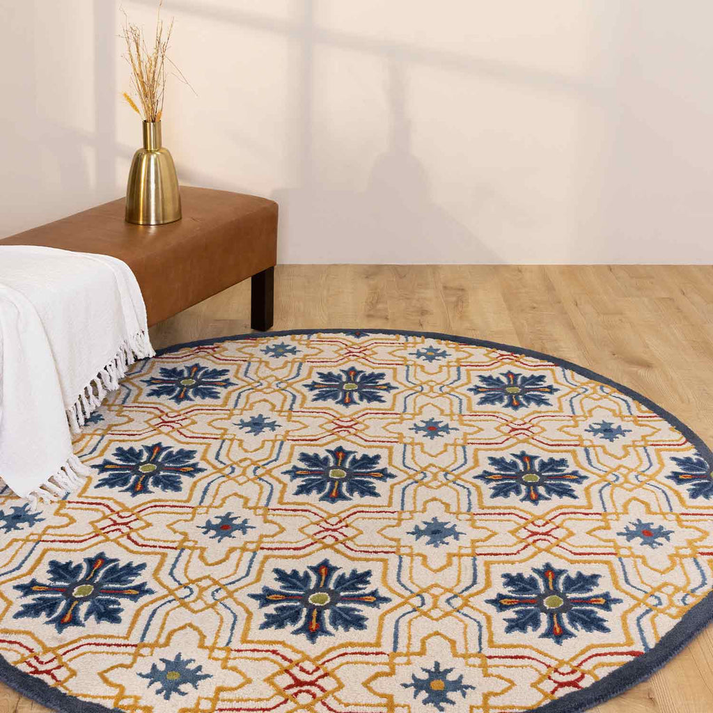 Amask Off White & Blue Contemporary Hand Tufted Woollen Round Rug