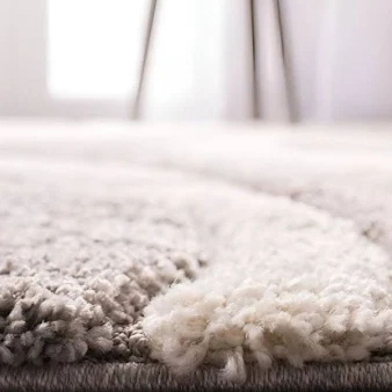 Beige and White Handwoven Super Soft Microfiber Geometric High Density Anti Skid Shaggy Carpet