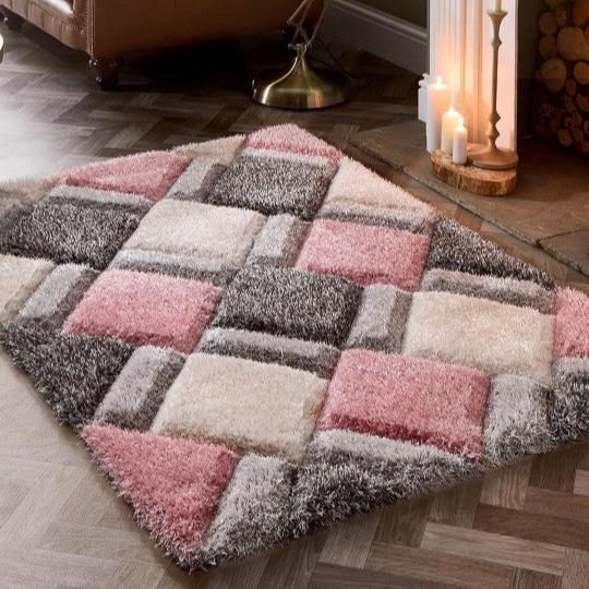 Pink & White Handcrafted Microfiber Geometric Ultra Soft Shaggy Carpet