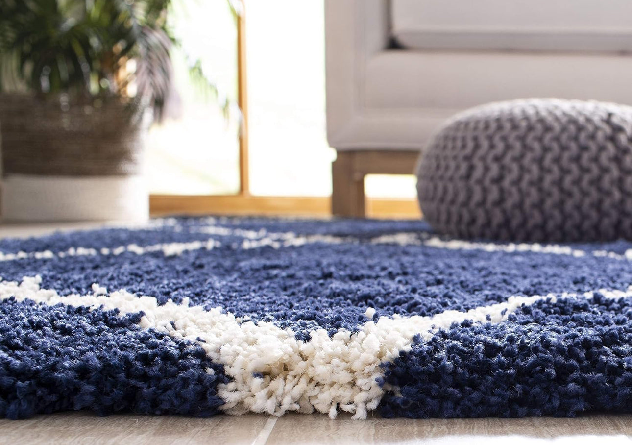 Navy Blue Round Trellis Microfiber Super Soft Anti Skid Shaggy Rug