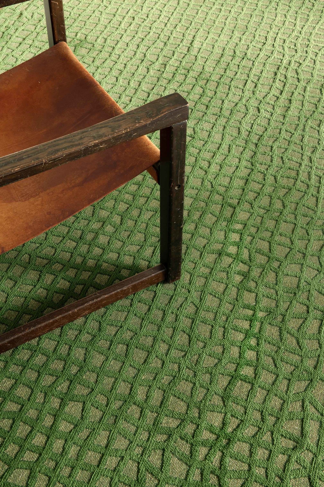 Green Checkered Belgian Hand Tufted Rug