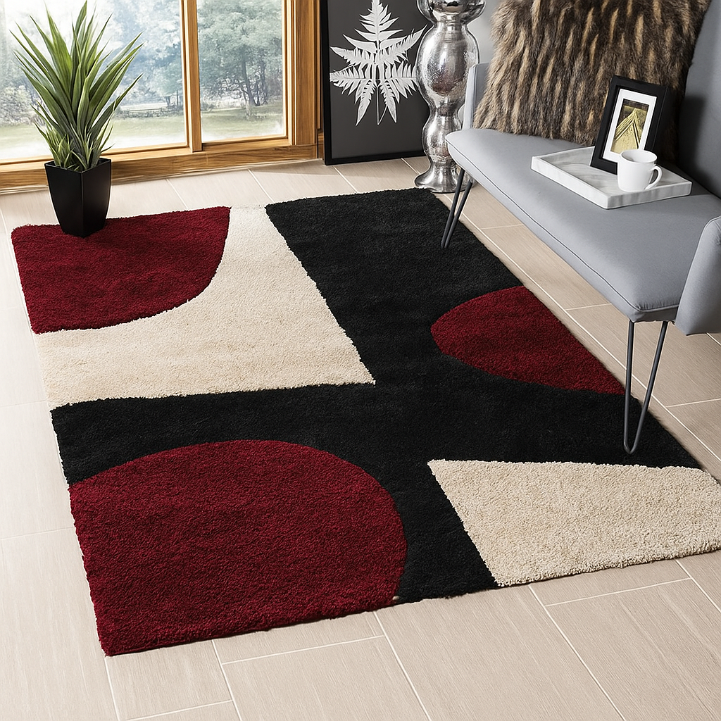 Black & Maroon Handwoven Super Soft Microfiber Geometric High Density Anti Skid Shaggy Carpet