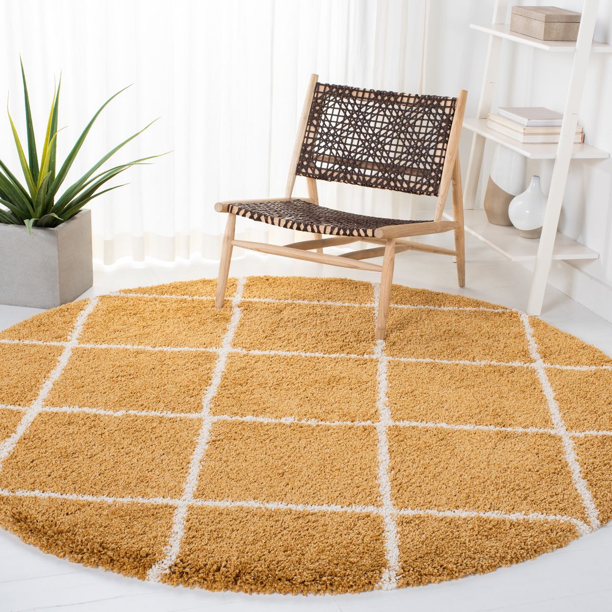 Mustard Round Trellis Microfiber Super Soft Anti Skid Shaggy Rug