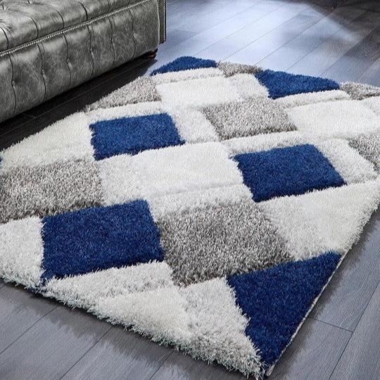 Blue & White Handcrafted Microfiber Geometric Ultra Soft Shaggy Carpet