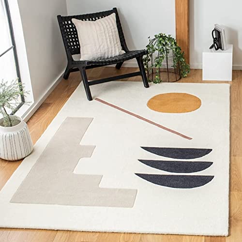 Off White Abstract Hand Tufted Woolen Rug For Bed Room & Living Room