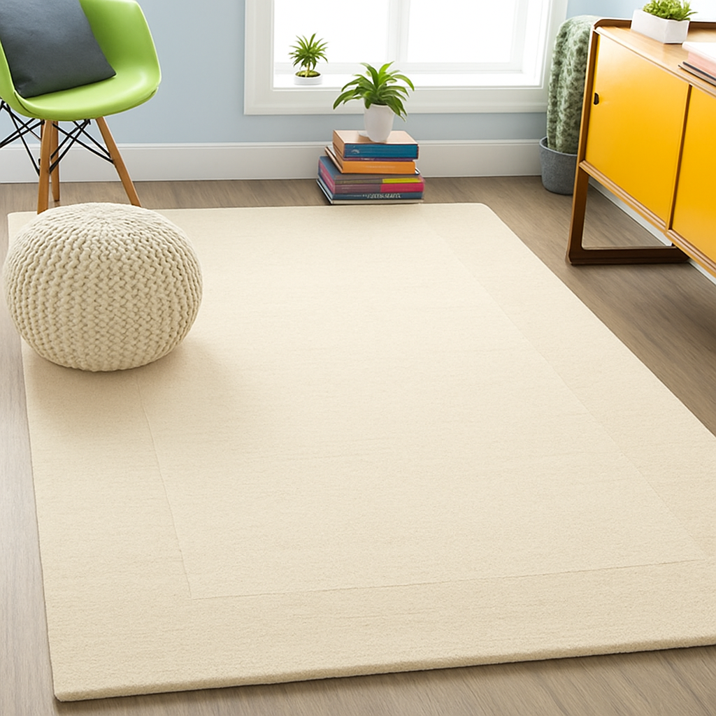 Hand Tufted Cream Geometric Wool Carpet For Living Room & Bed Room