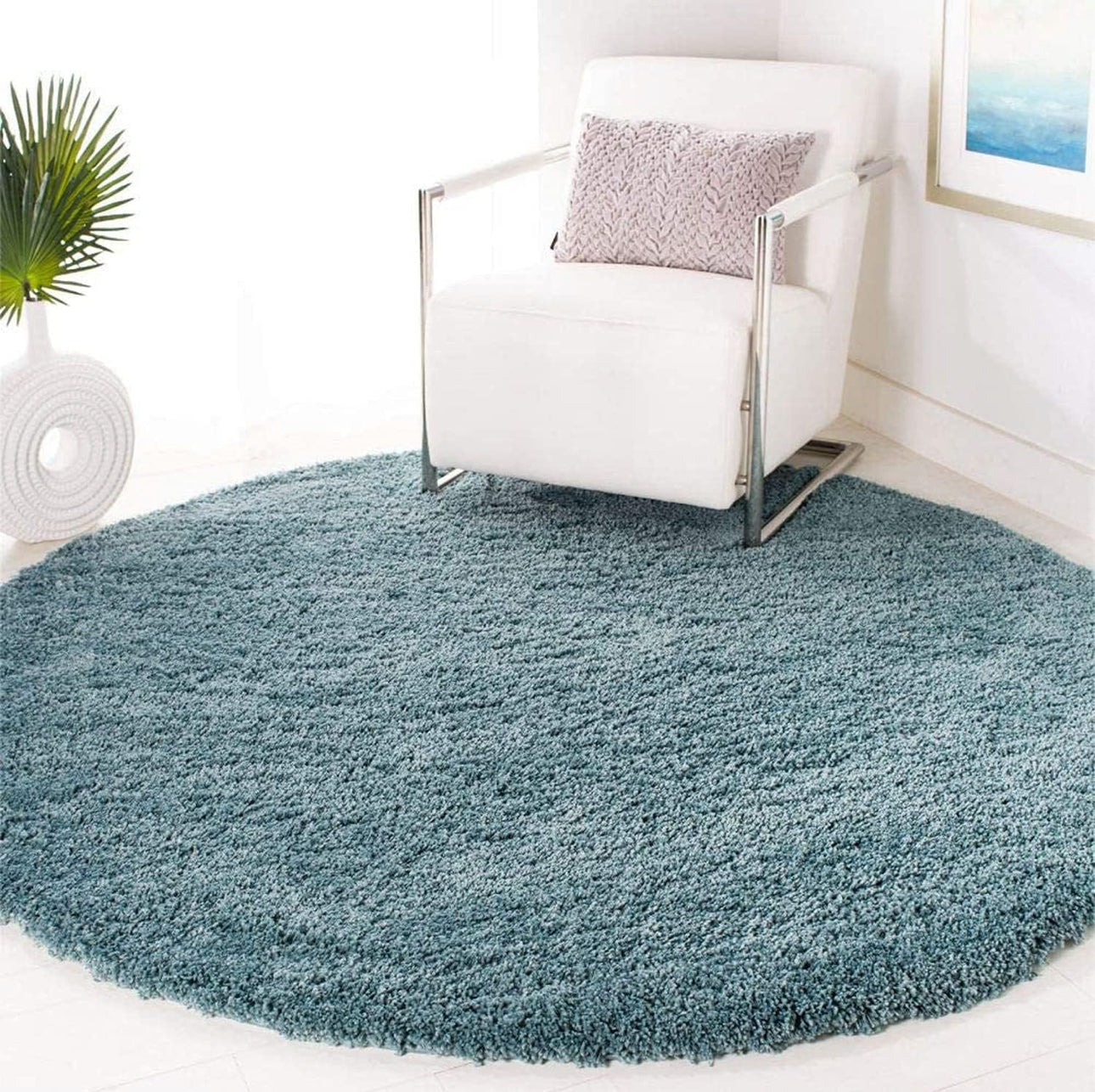 Pastel Blue Handcrafted Round Solid Microfiber Plush Anti Skid Shaggy Carpet