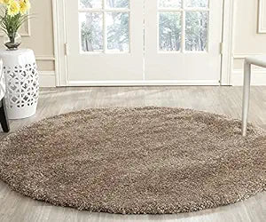 Beige Handcrafted Round Solid Microfiber Plush Anti Skid Shaggy Carpet