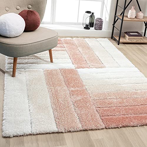 Peach & White Handmade 3D Edge Super Soft Microfiber & Polyester Shaggy Carpet
