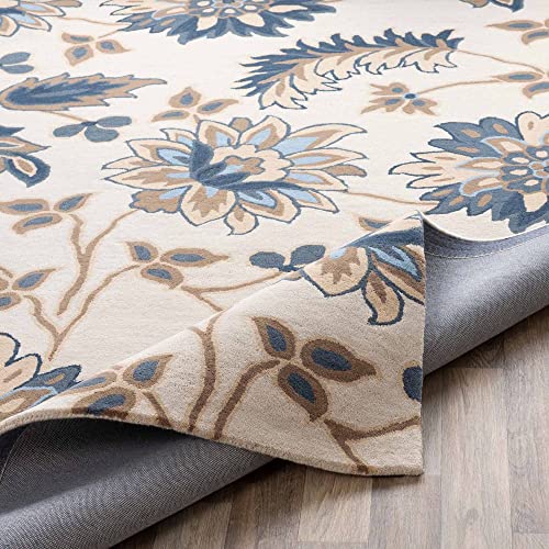 Ivory & Blue Floral Hand Tufted Wool Carpet For Living Room & Bed Room