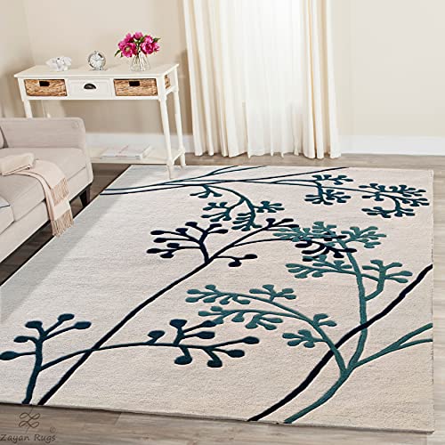 Ivory & Blue Floral Hand Tufted Wool Rug For Living Room & Bed Room