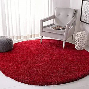 Red Handcrafted Round Solid Microfiber Plush Anti Skid Shaggy Carpet