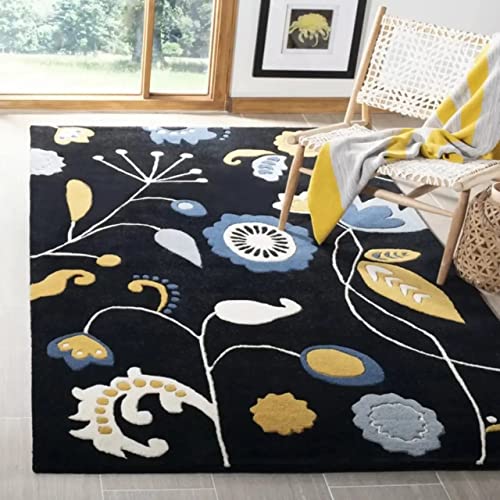 Black Floral Hand Tufted Wool Carpet For Living Room & Bed Room