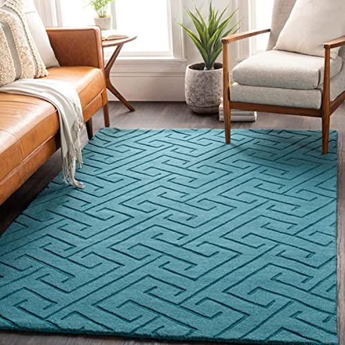 Hand Tufted Sky Blue High Low Pile Wool Carpet For Living Room & Bed Room