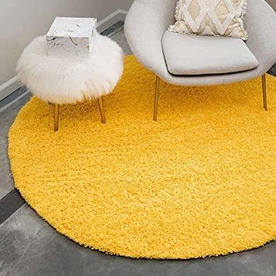 Yellow Handcrafted Round Solid Microfiber Plush Anti Skid Shaggy Carpet