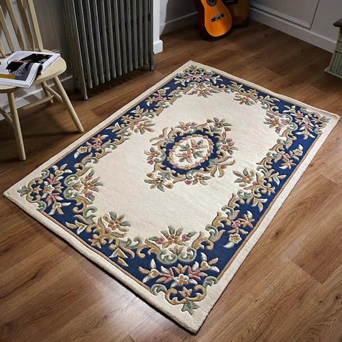 Ivory and Blue Persian Hand-Tufted Wool  Carpet Contemporary Design for Living Room, Bedroom, and Hall