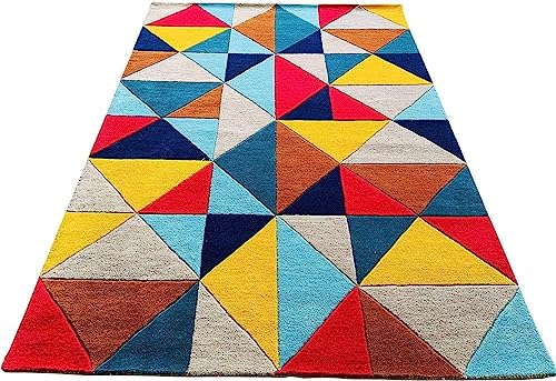 Multi Coloured Geometric Hand Tufted Rug For Bed Room & Living Room