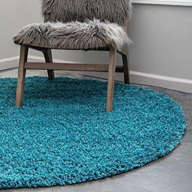 Turqoise Handcrafted Round Solid Microfiber Plush Anti Skid Shaggy Carpet