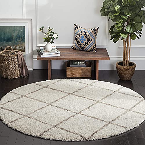 Ivory & Beige Round Trellis Microfiber Super Soft Anti Skid Shaggy Rug