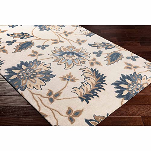 Ivory & Blue Floral Hand Tufted Wool Carpet For Living Room & Bed Room