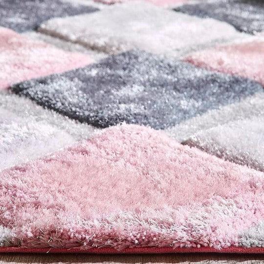 Pink & White Handcrafted Microfiber Geometric Ultra Soft Shaggy Carpet