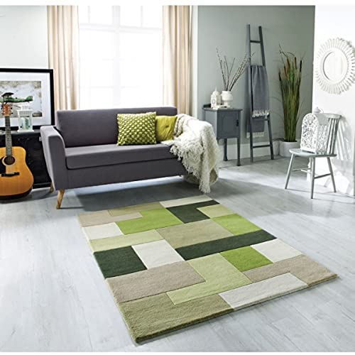 Green Multi Coloured Cube Hand Tufted Wool Rug For Living Room & Bed Room