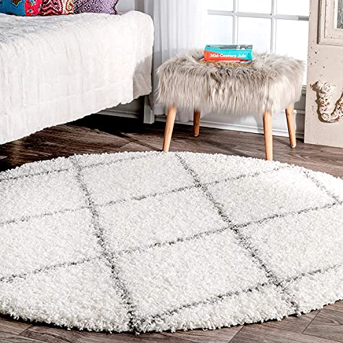 White & Silver Round Trellis Microfiber Super Soft Anti Skid Shaggy Rug