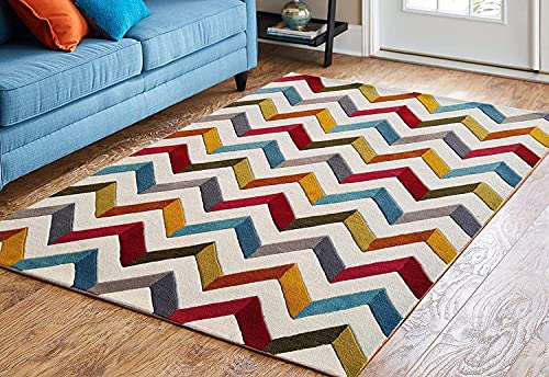 Zig Zag Hand Tufted Multi Coloured Wool Carpet For Living Room & Bed Room