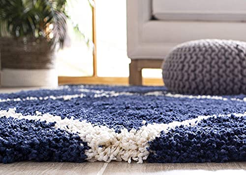 Navy Blue Round Trellis Microfiber Super Soft Anti Skid Shaggy Rug