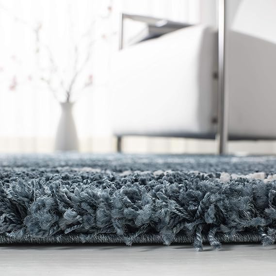 Slate Blue & Ivory Handcrafted Microfiber Super Soft Diamond Trellis High Density Shaggy Carpet