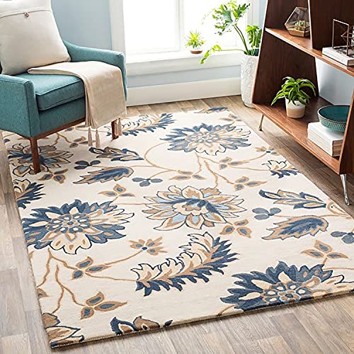 Ivory & Blue Floral Hand Tufted Wool Carpet For Living Room & Bed Room