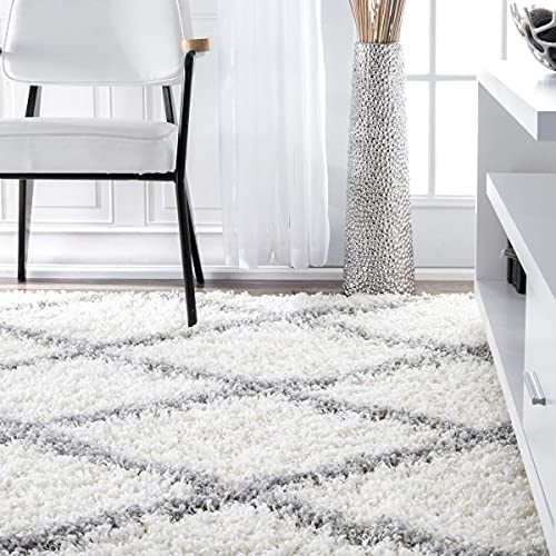 White & Silver Round Trellis Microfiber Super Soft Anti Skid Shaggy Rug