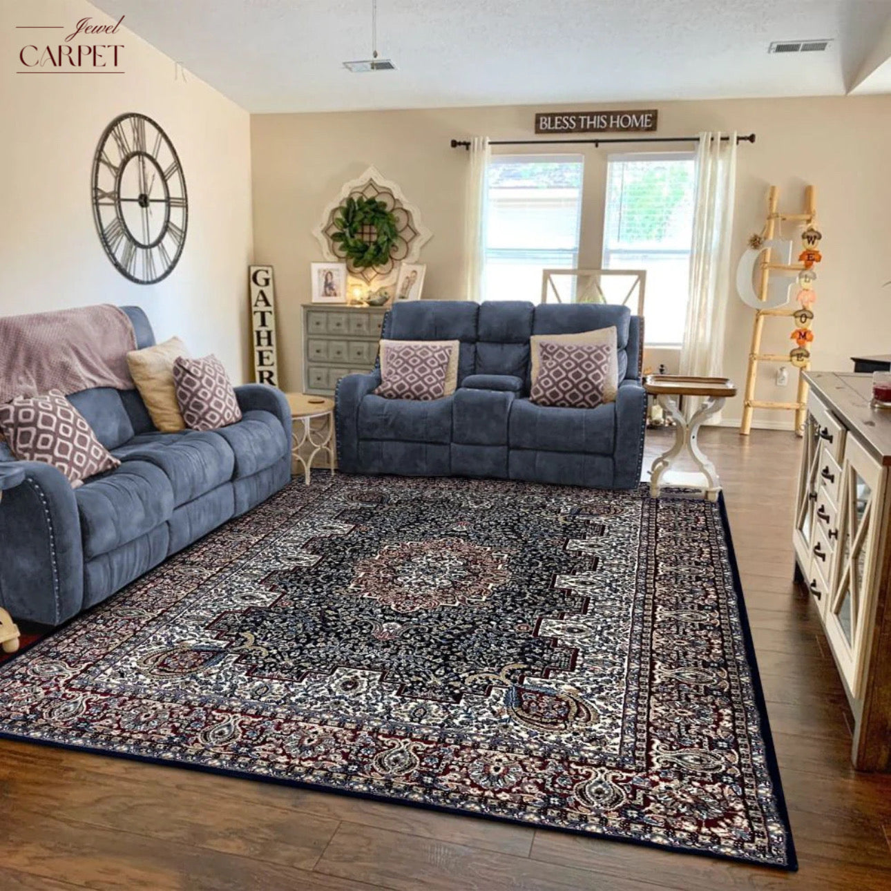 Navy Blue Persian Wool Traditional Anti Skid Heavy Carpet