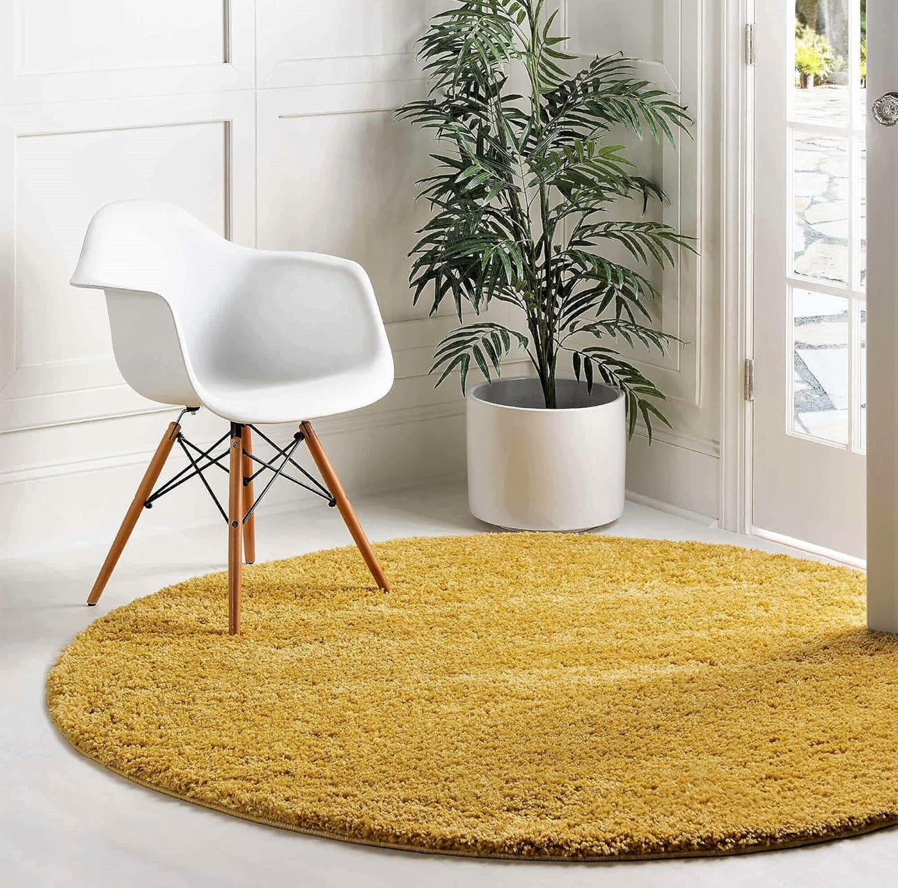 Mustard Handcrafted Round Solid Microfiber Plush Anti Skid Shaggy Carpet