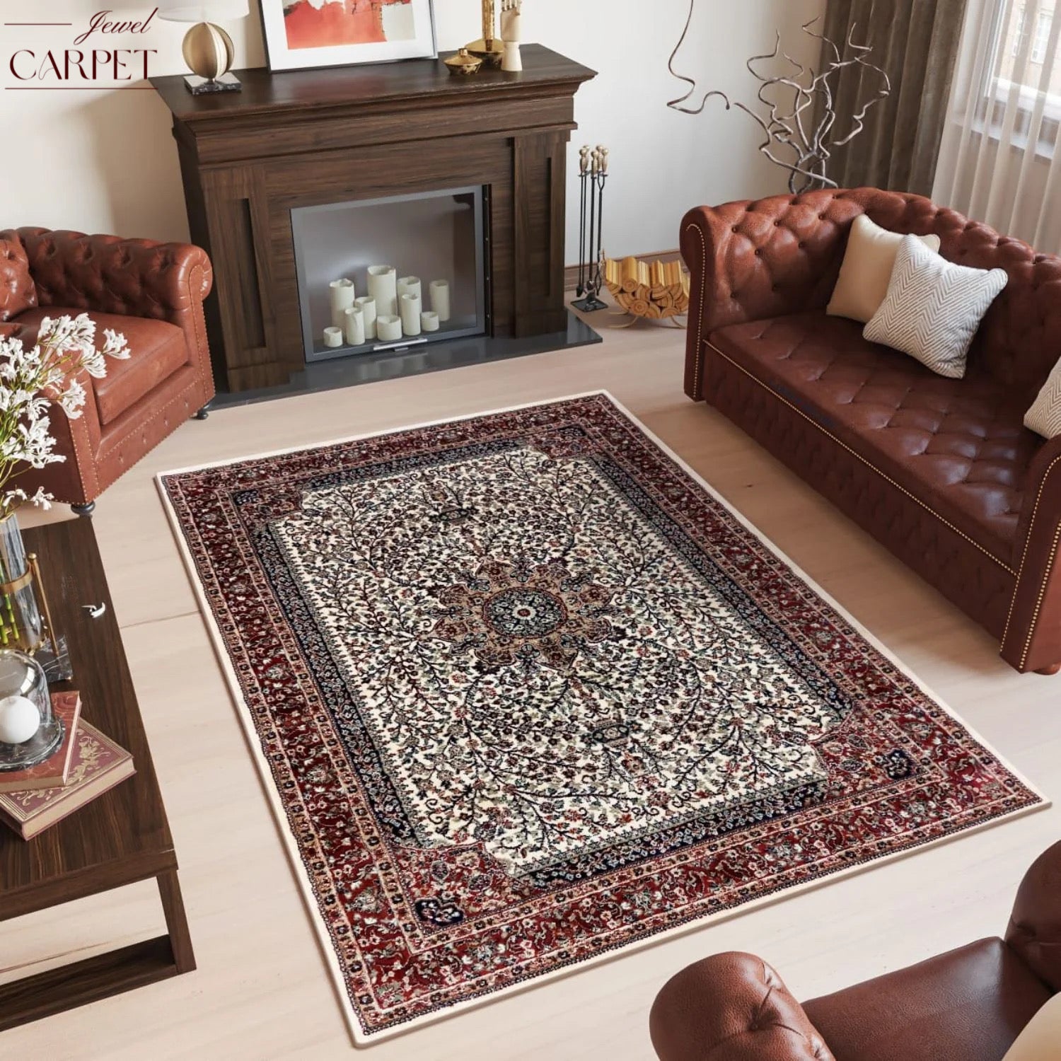 Off White & Maroon Persian Wool Traditional Heavy Anti Skid Rug For Living Room & Bed Room