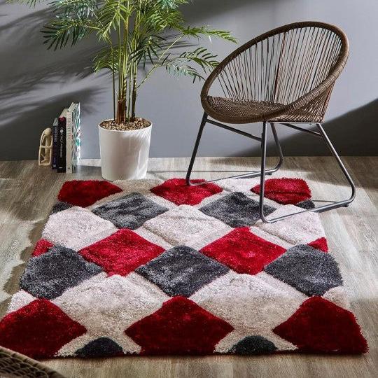 Red & White Handcrafted Microfiber Geometric Ultra Soft Shaggy Carpet