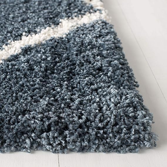 Slate Blue & Ivory Handcrafted Microfiber Super Soft Diamond Trellis High Density Shaggy Carpet