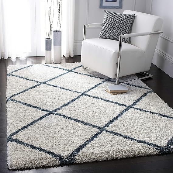 Ivory & Slate Blue Handcrafted Microfiber Super Soft Diamond Trellis High Density Shaggy Carpet