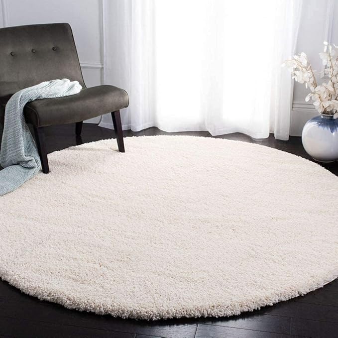 Ivory Handcrafted Round Solid Microfiber Plush Anti Skid Shaggy Carpet