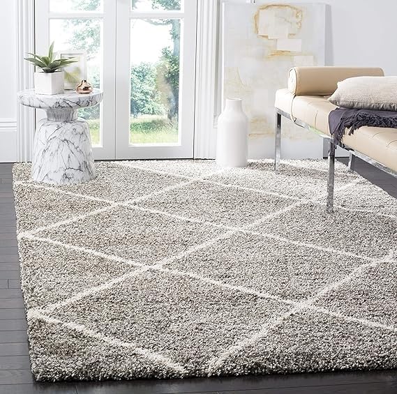 Grey & Ivory Handcrafted Microfiber Super Soft Diamond Trellis High Density Shaggy Carpet