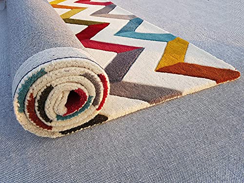 Zig Zag Hand Tufted Multi Coloured Wool Carpet For Living Room & Bed Room